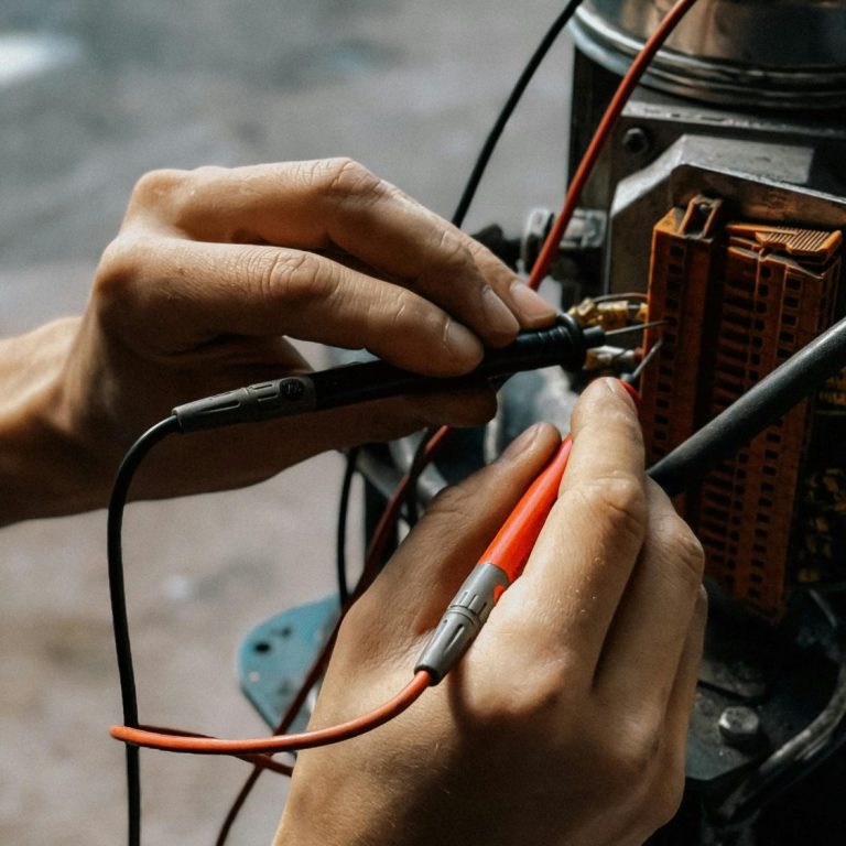 Hände, die mit einem Multimeter an elektrischen Verbindungen arbeiten.